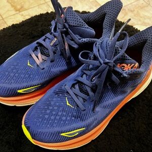 Hoka gym shoe, blue and yellow, gently worn.